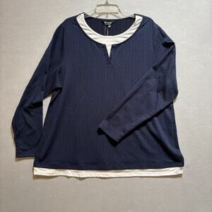 Bloomchic Top Womens 18-20 Plus NWT Navy Blue Layered Look Split Neck Long Sleev